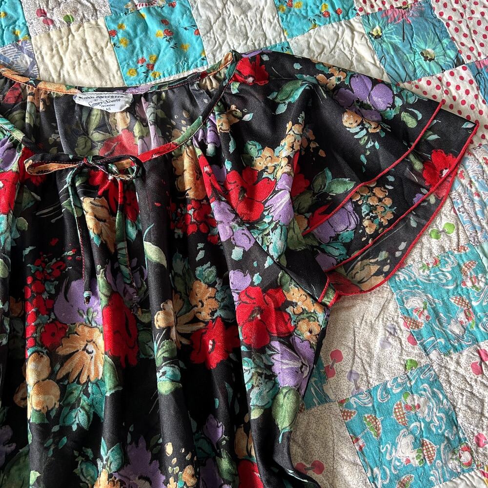 Vintage 60s/70s Semi Sheer Floral Tiered Ruffle Sleeve Flowy Boho Peasant Blouse